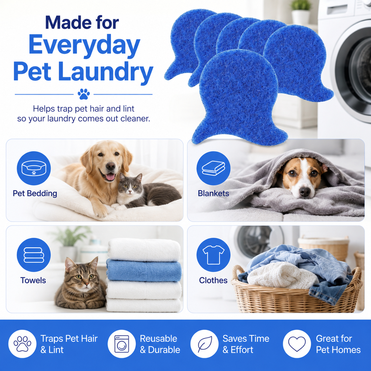 Pet laundry uses including bedding blankets towels and clothes